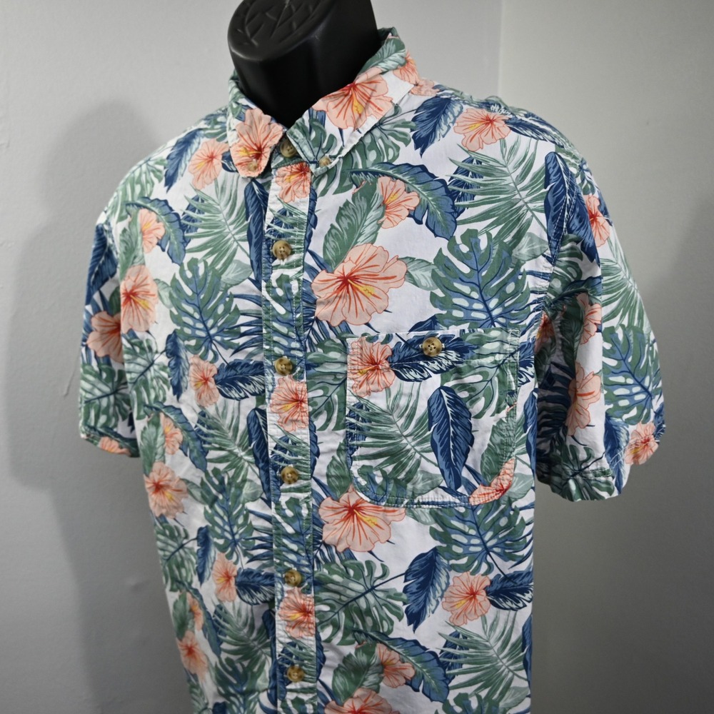 Duluth Trading Co Button Up Mens XL Slim Fit White Floral Tropical Short Sleeve - Picture 2 of 9